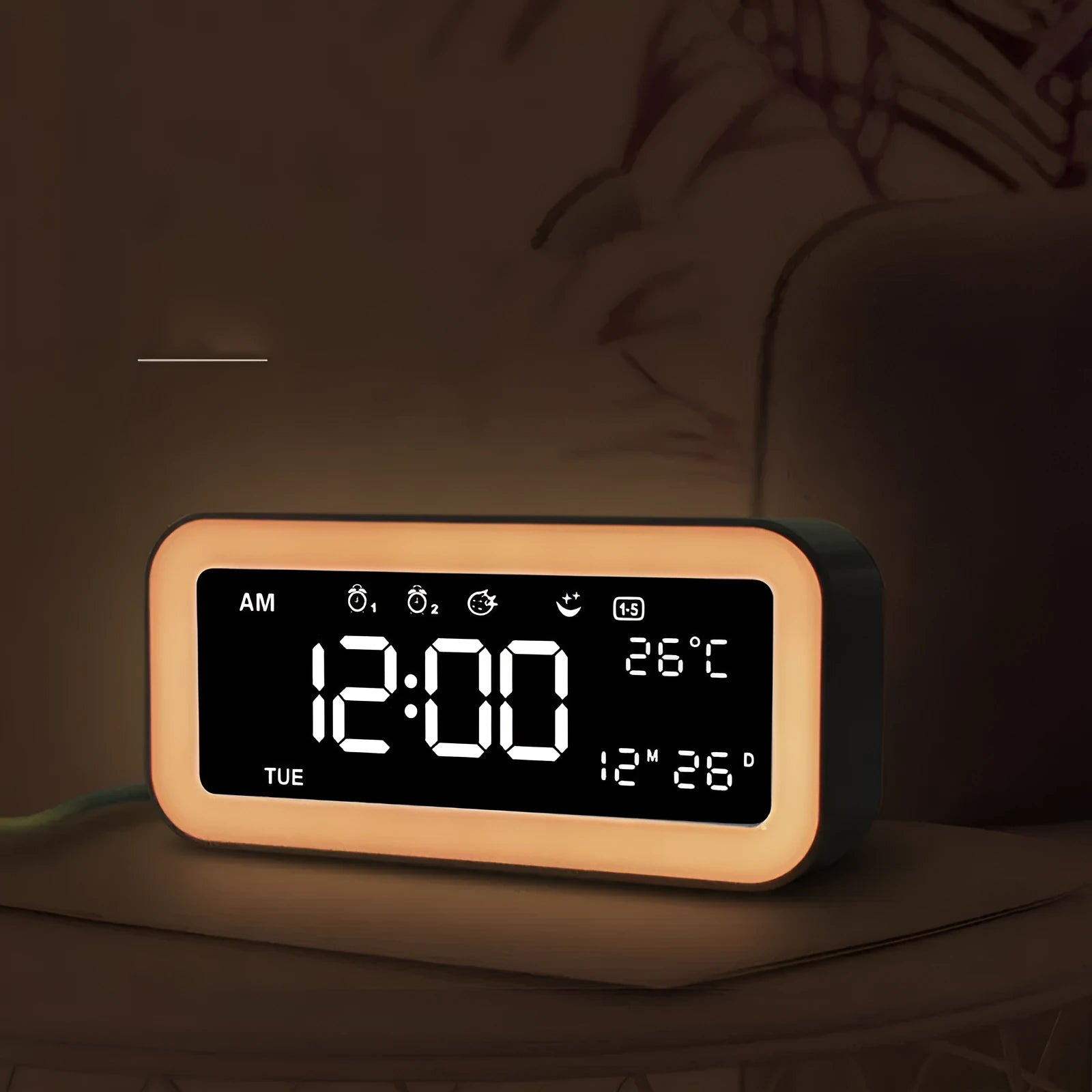 Blue rectangular LED atmosphere light alarm clock with digital display on bedside table