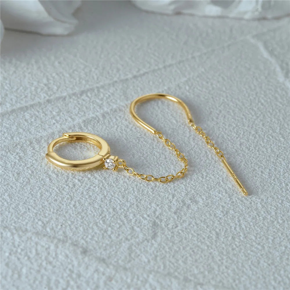 S925 sterling silver earrings with electroplated gold finish and geometric flower tassel chain design