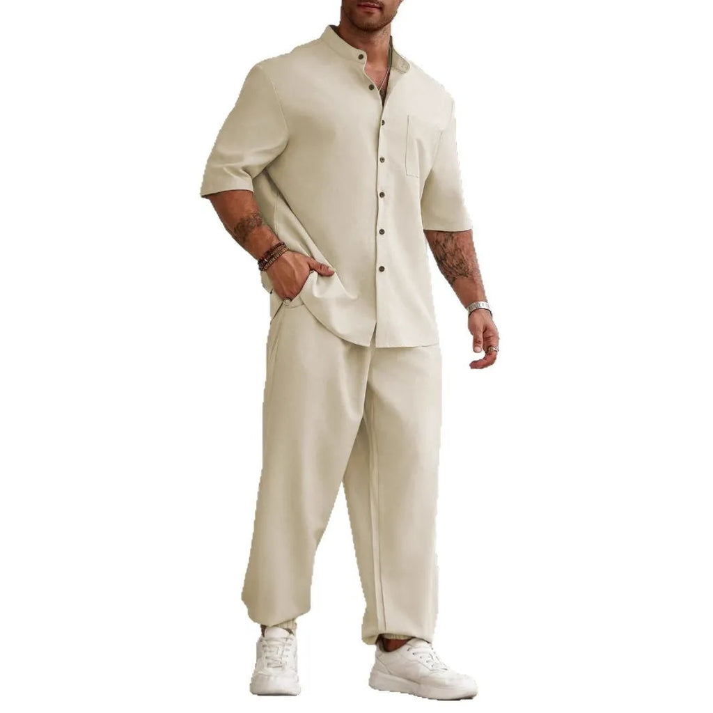 Men's casual cotton linen button short-sleeved shirt and trouser set in three colour options