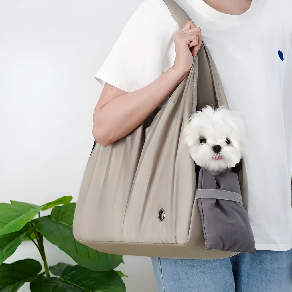 Apricot cloth pet carrier handbag with dimensions 41x16x28 cm for small dog or cat transport