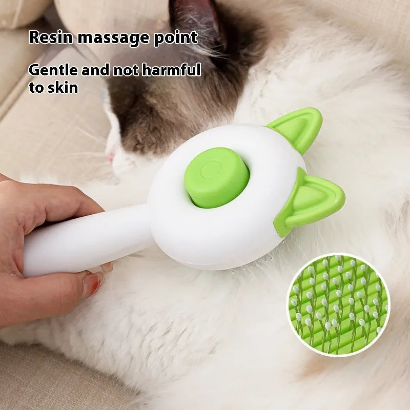 Self-cleaning pet grooming brush with stainless steel comb teeth in greenish white and orange white colour options