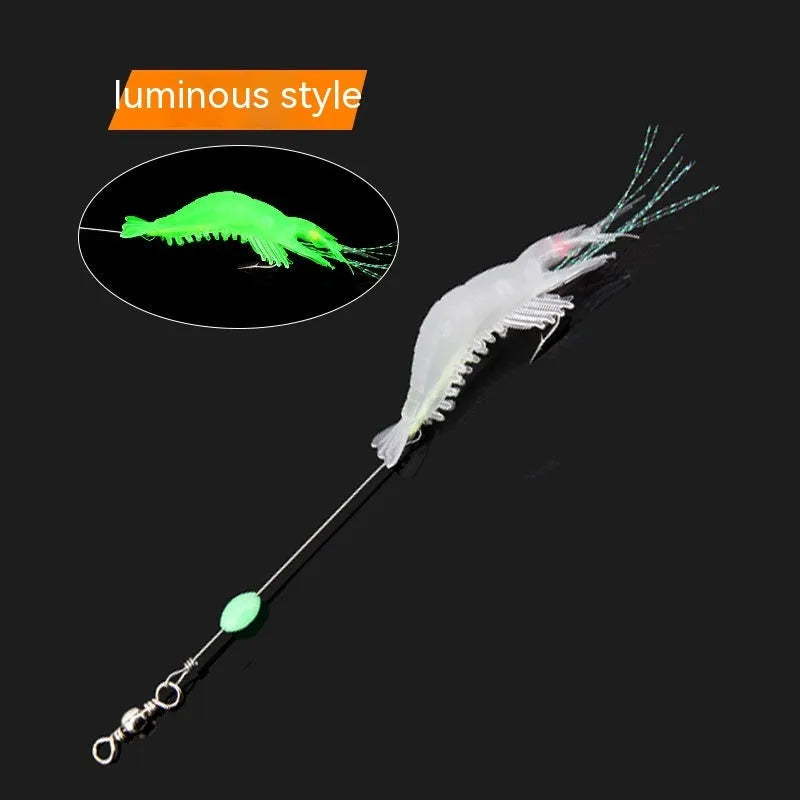 Six soft fishing lures with integrated hooks in colours including black head yellow body and luminous options