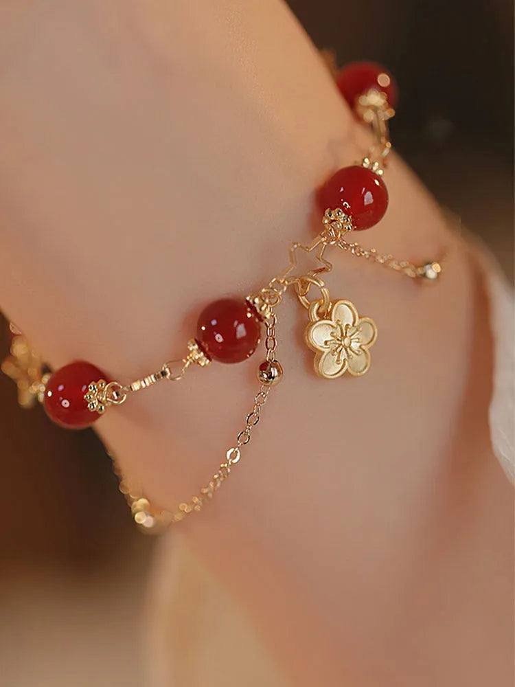 Red agate double layer bracelet with floral peach blossom design, handcrafted women's jewellery