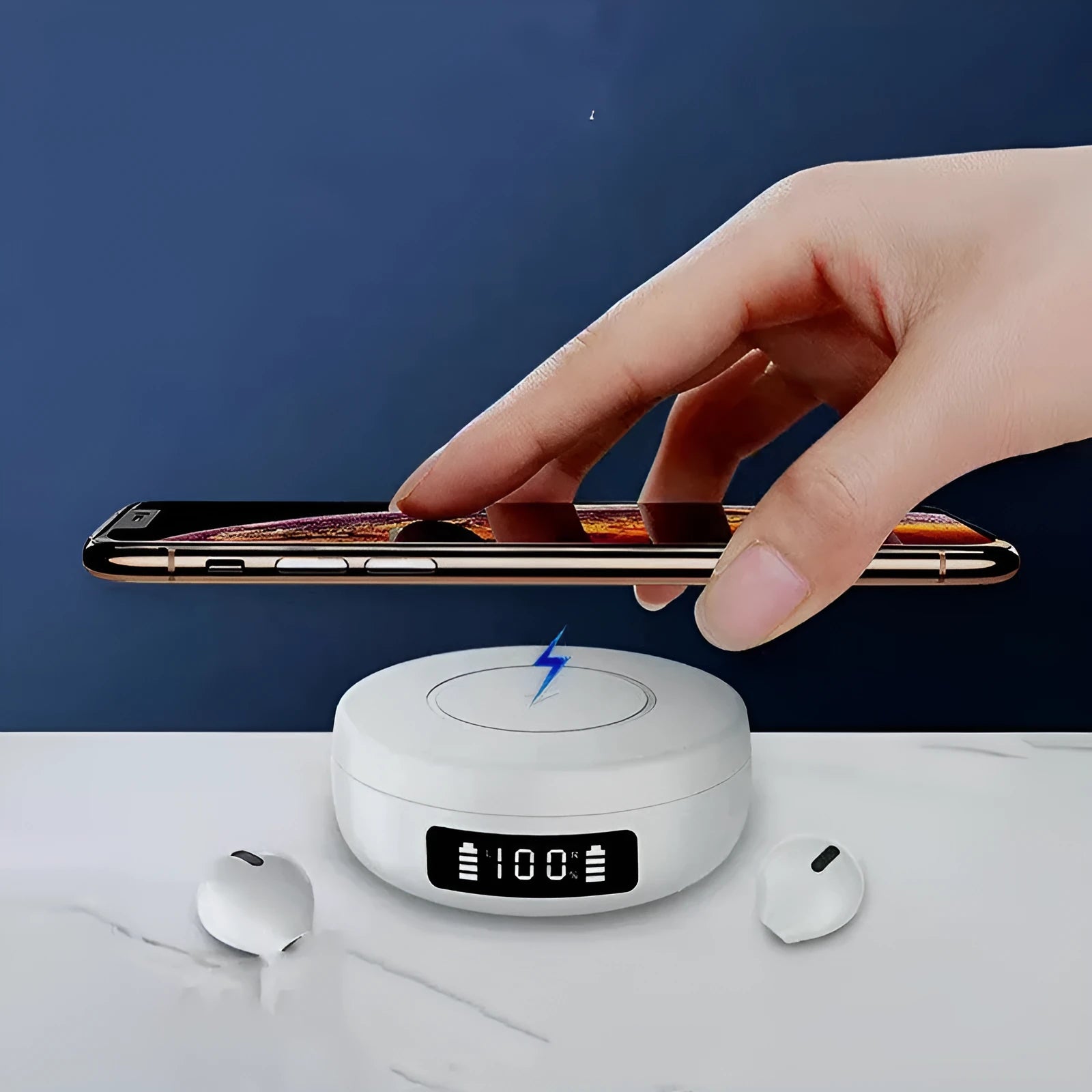 Mini semi-in-ear wireless headphones with charging case in black or white
