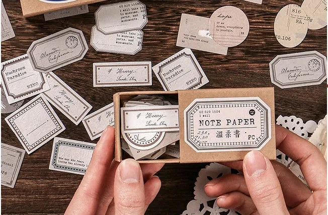 Mini label sheets in retro hand-account style, 62x45mm, 45 sheets in Kraft box with Butterfly Island colour design