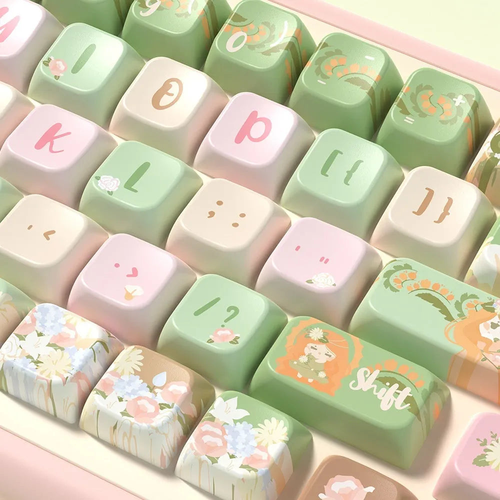 Mu Xia Garden original mechanical keyboard keycap set showing Summer Garden colour theme with sublimated graphics on five sides.