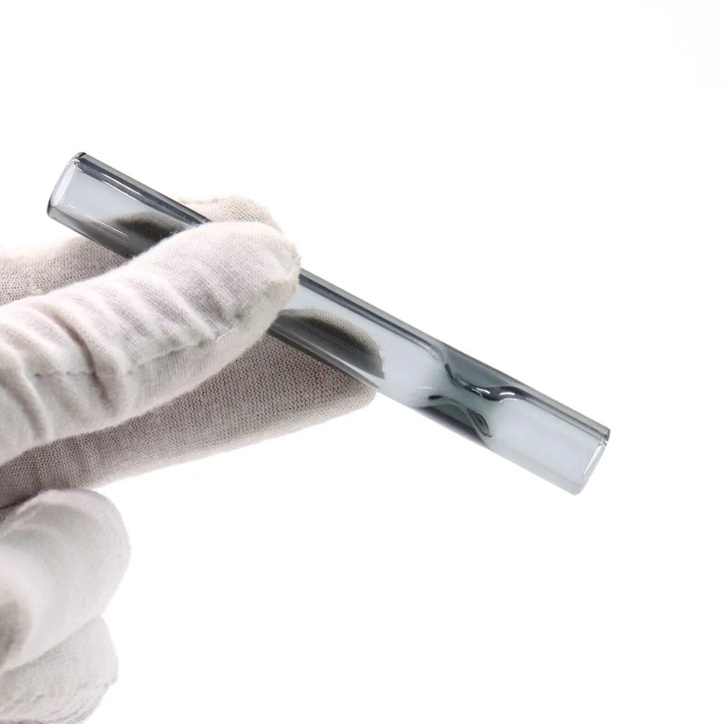 Clear glass telescopic smoking pipe with straight suction nozzle on a white background