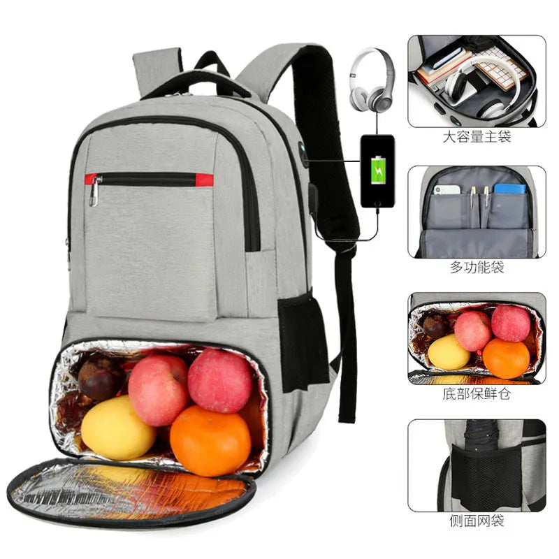 Oxford cloth insulated backpack with curved shoulder straps showing dry wet separation compartments and pull rod belt accessory