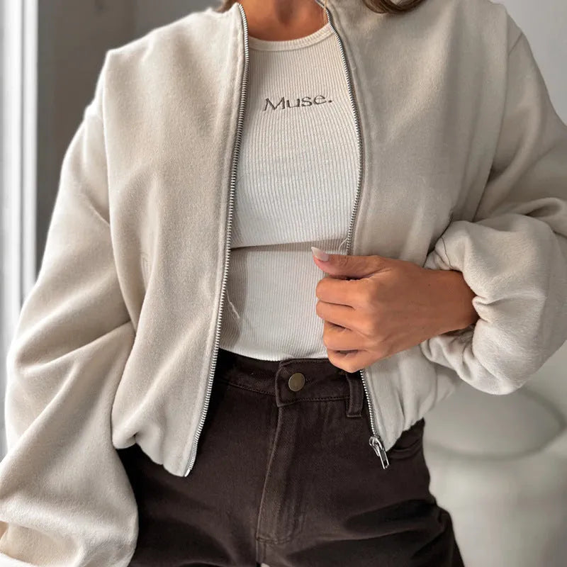 Women's off-shoulder lantern sleeve short coat in milky white or brown colours