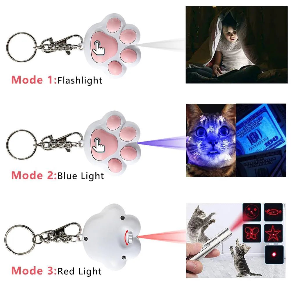 USB rechargeable infrared cat teaser toy with key chain attachment in pink or black colour