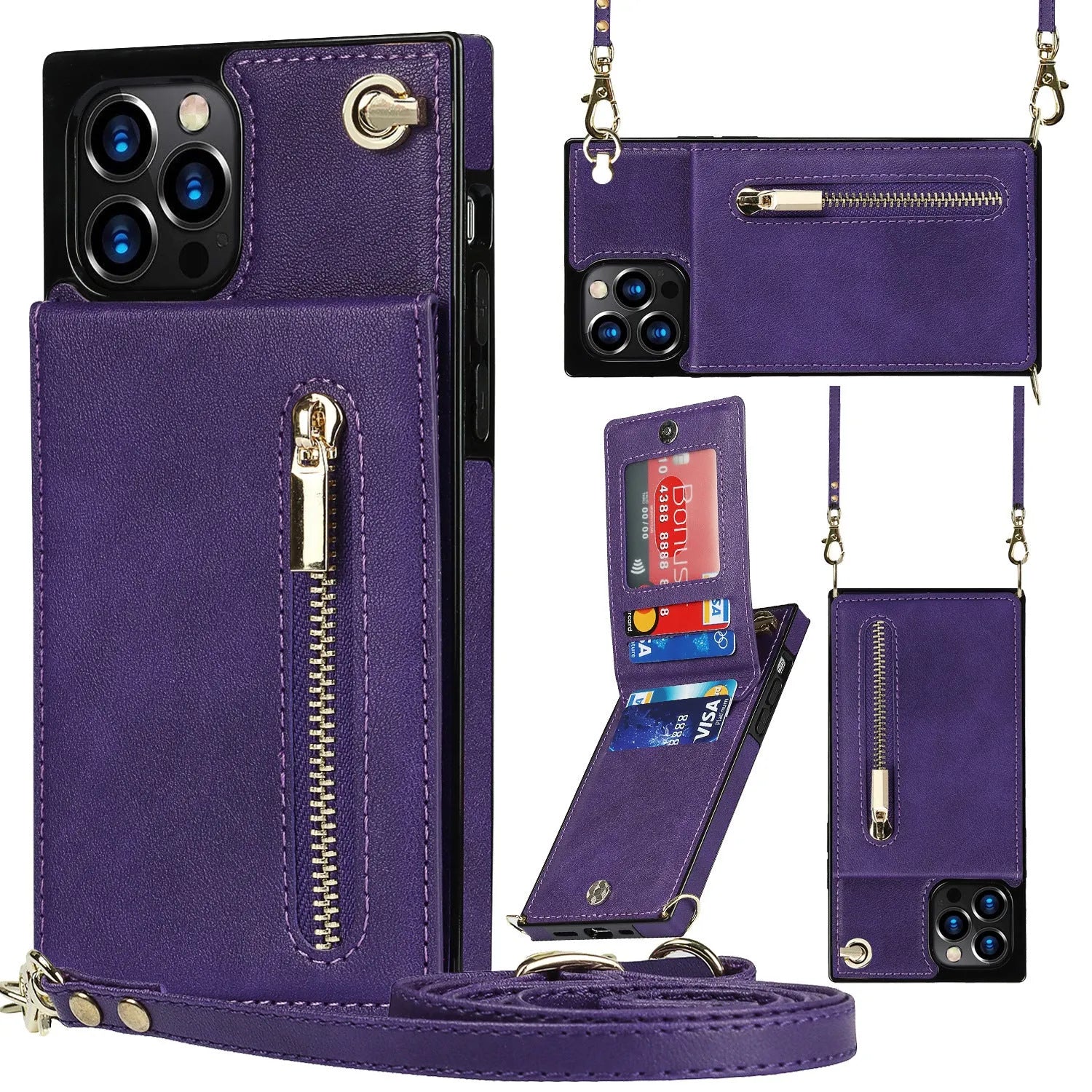 Leather and TPU mobile phone case in black, shown on a compatible smartphone.