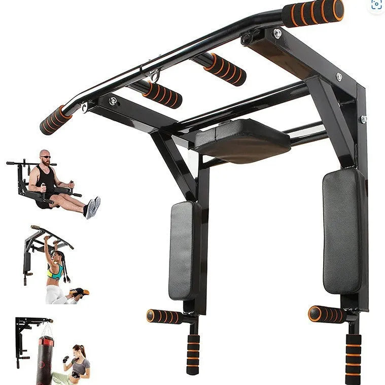 Black wall-mounted steel fitness station with sandbag rack above parallel bars and pull-up bar.