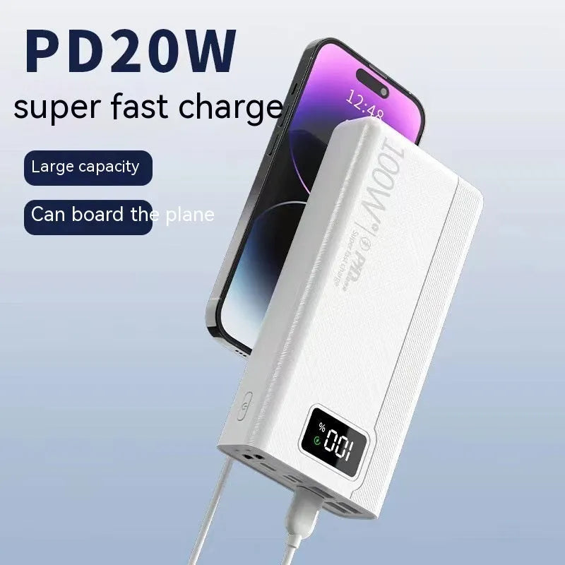 Black and white large capacity power bank with fast charging support measuring 150mm x 76mm