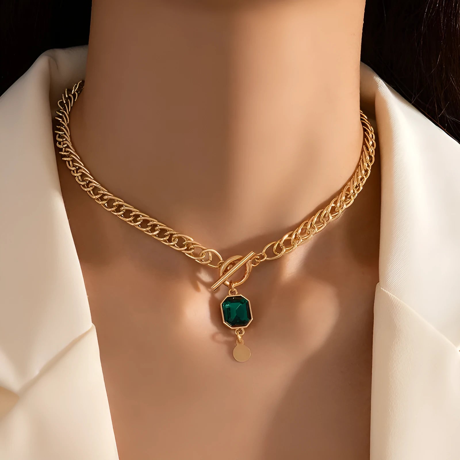 Gold French retro necklace with geometric round pendant on Cuban link chain