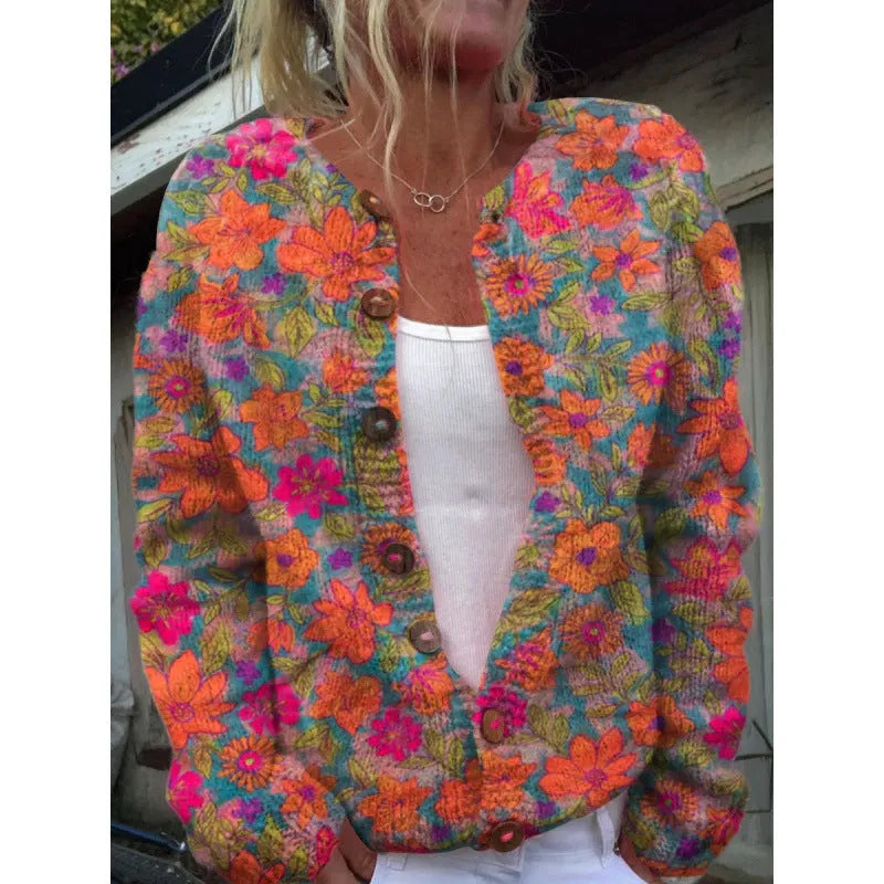 Yellow women's knitted cardigan coat with a raised 3D pattern, shown unbuttoned.