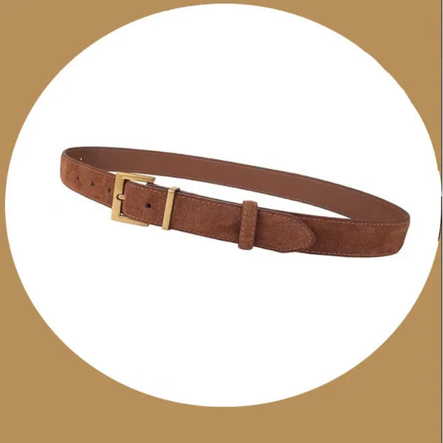 Women's genuine leather belt with quadrilateral alloy buckle in black colour, showing pin buckle fastening mechanism
