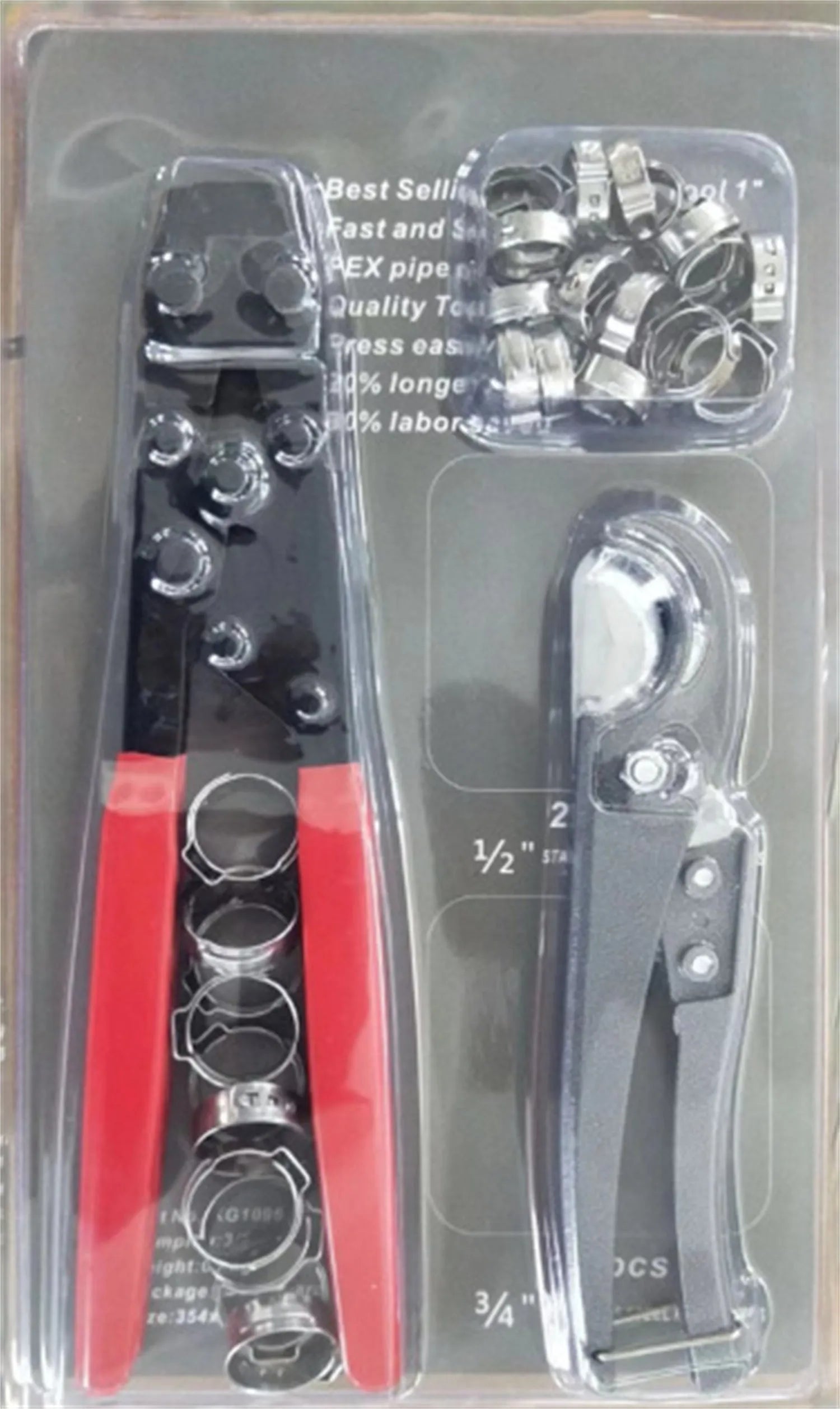 Red cloth single-ear PEX clamp made of metal with a carbon steel cutting edge.