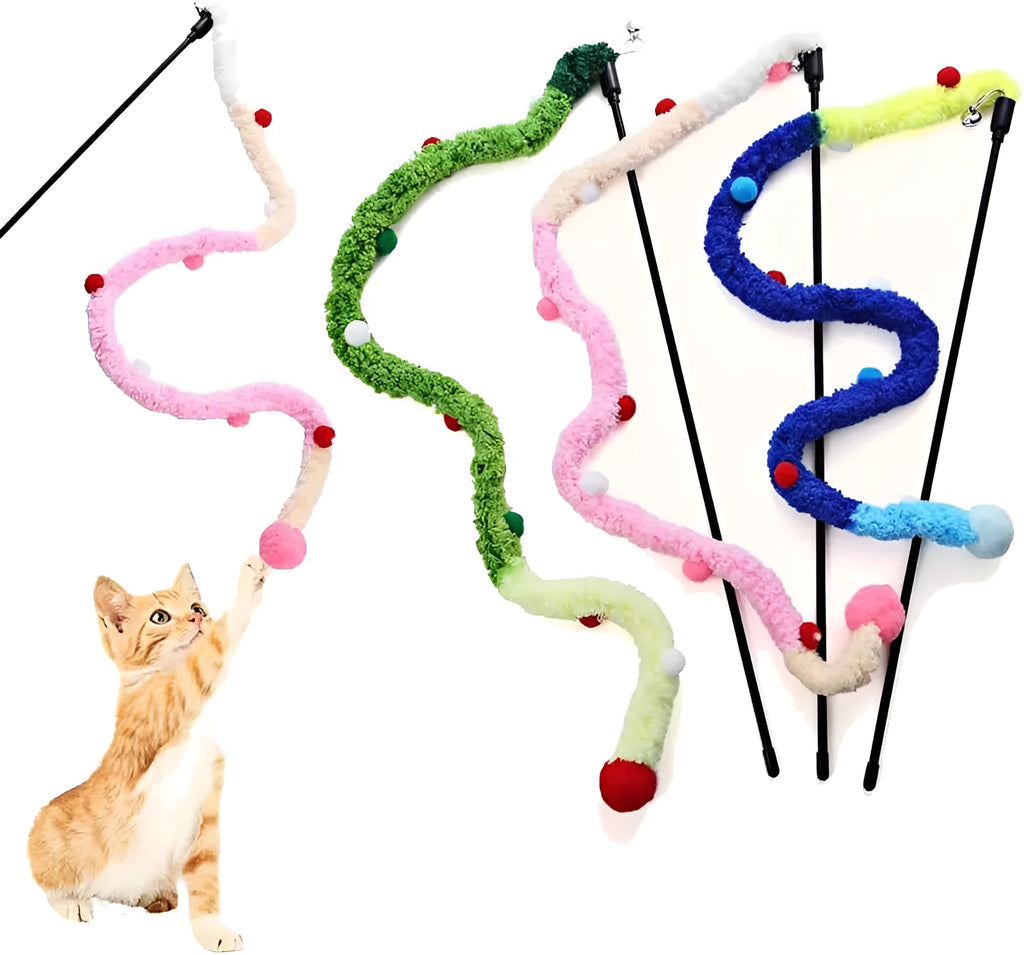 Blue cat wand toy with long plush strip and fluffy ball with bell