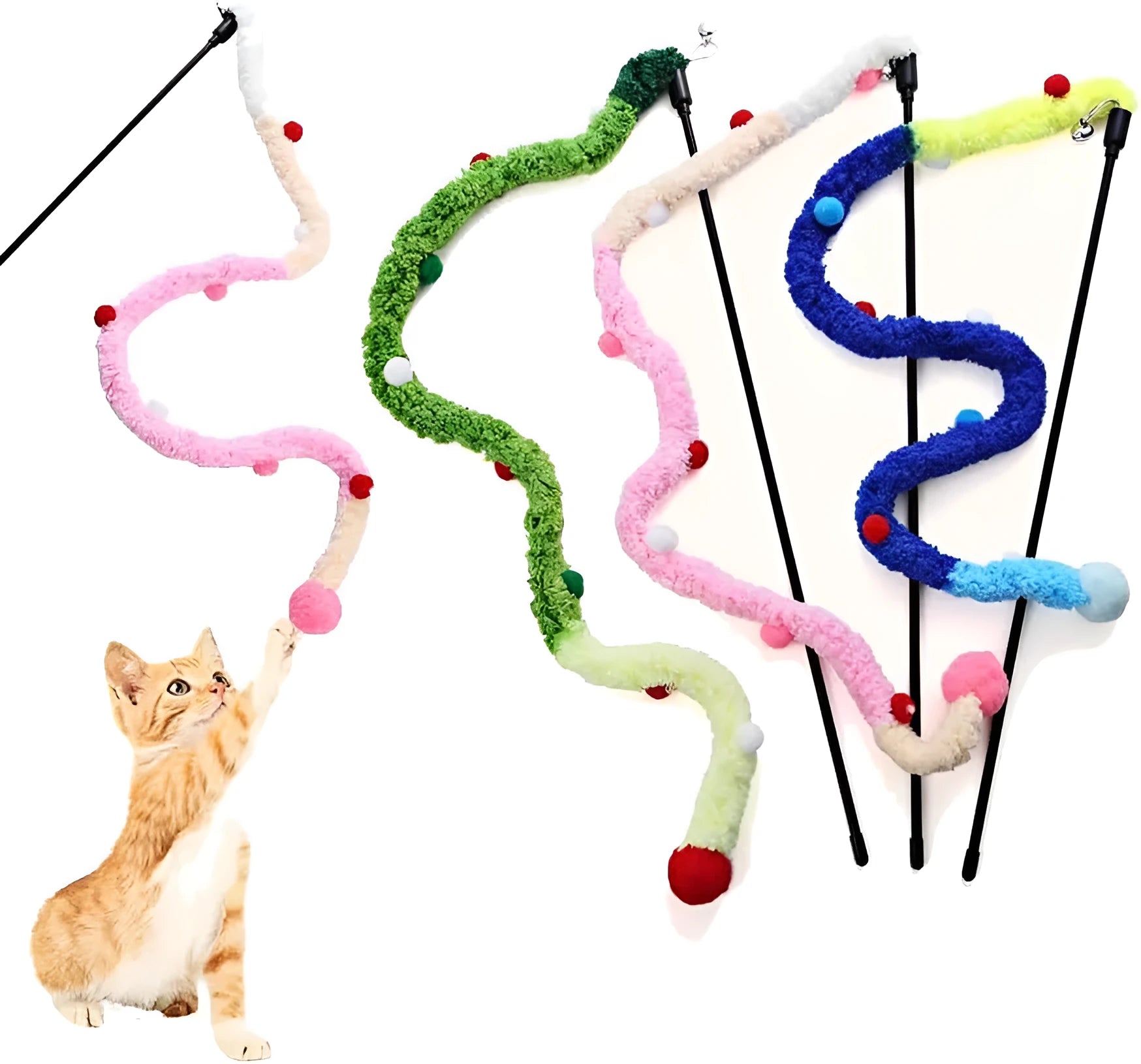 Blue cat wand toy with long plush strip and fluffy ball with bell