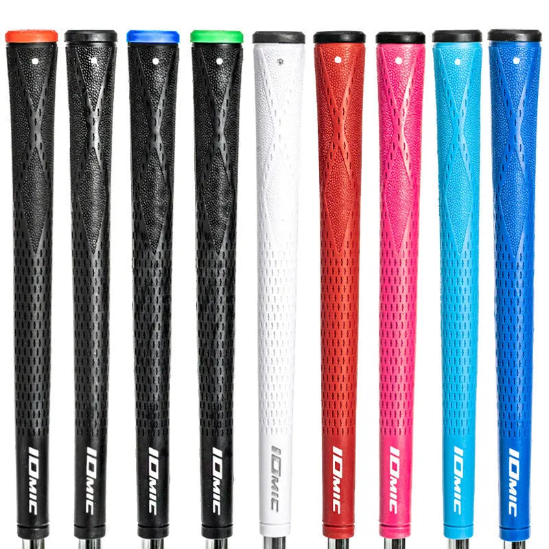 TPE material golf club grip shown in various colours including pink, red, blue, and black with coloured head designs.