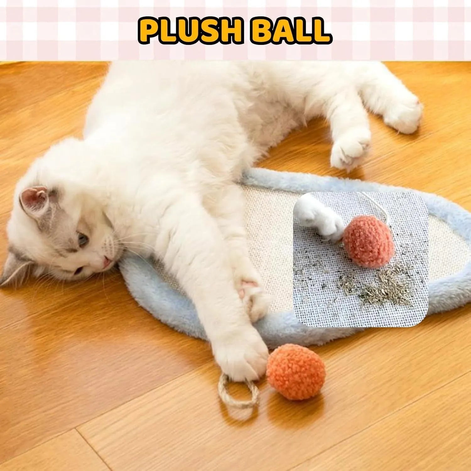 White wall mounted cat scratching mat with cartoon sleeping cat design made from natural sisal.
