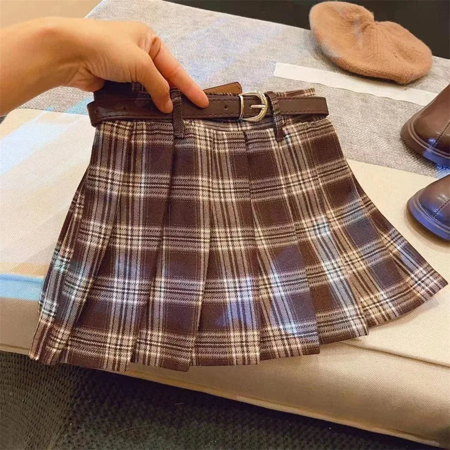 Children's plaid pleated skirt in cotton blend fabric with A-line silhouette