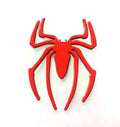 Three-dimensional metal spider bumper sticker in zinc alloy, showing gold, silver, black, and red colour options.