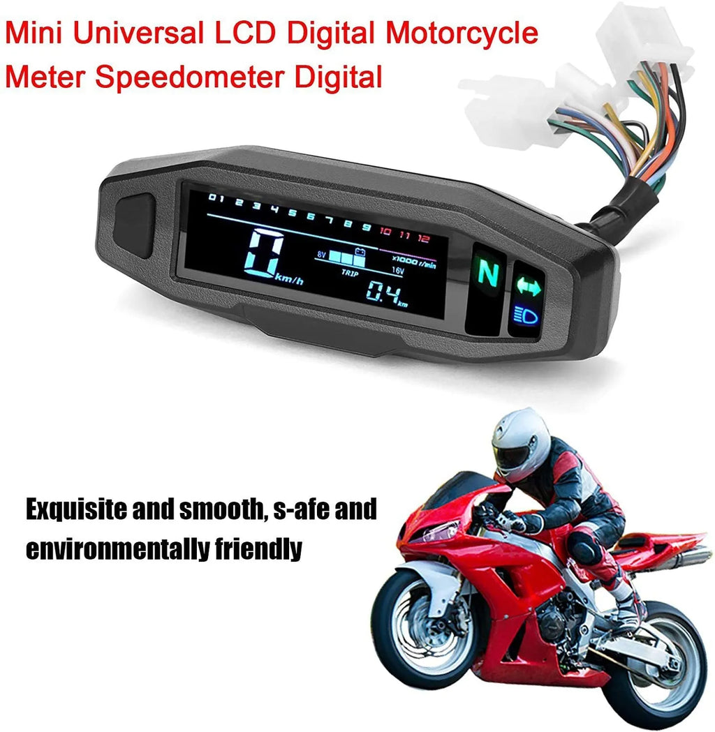 Black mini motorcycle LCD speedometer and oil gauge showing digital display on a 141mm by 45mm unit.