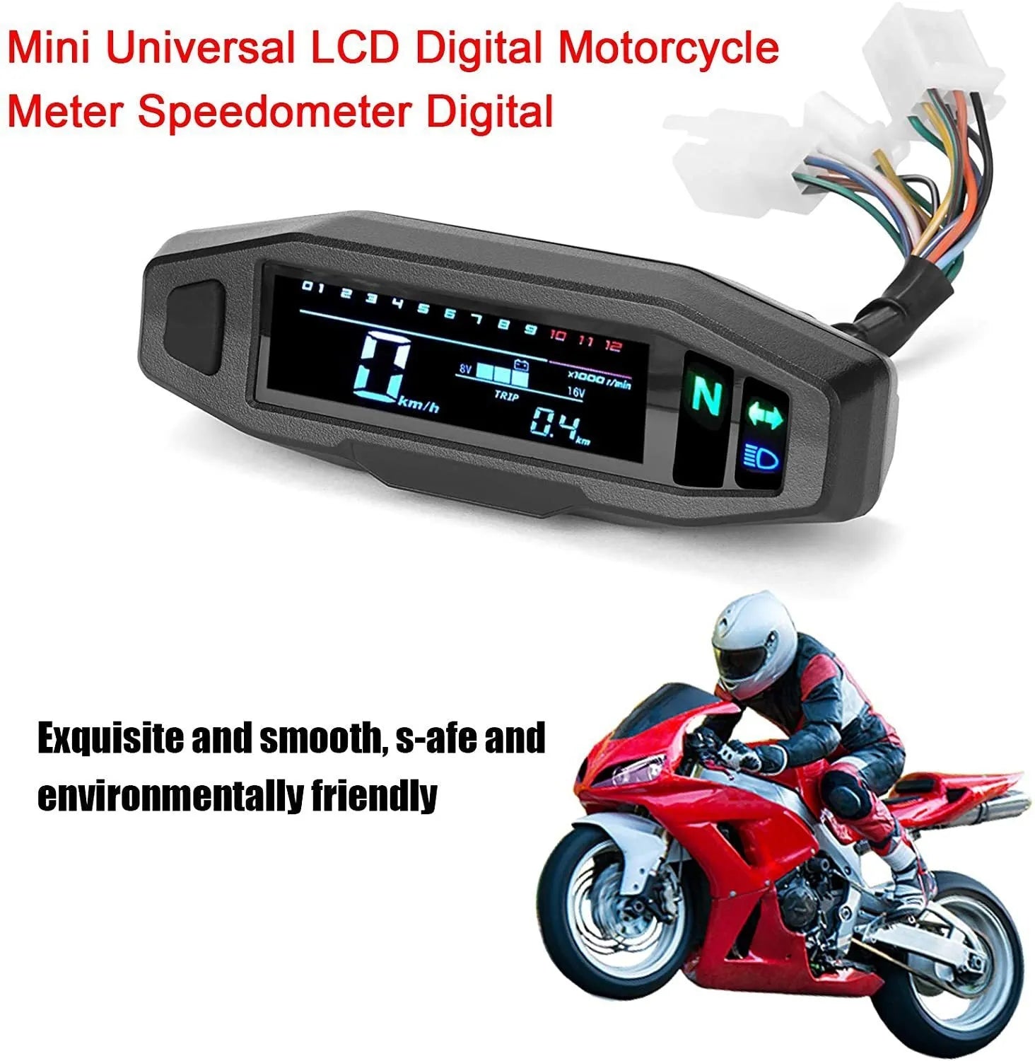 Black mini motorcycle LCD speedometer and oil gauge showing digital display on a 141mm by 45mm unit.
