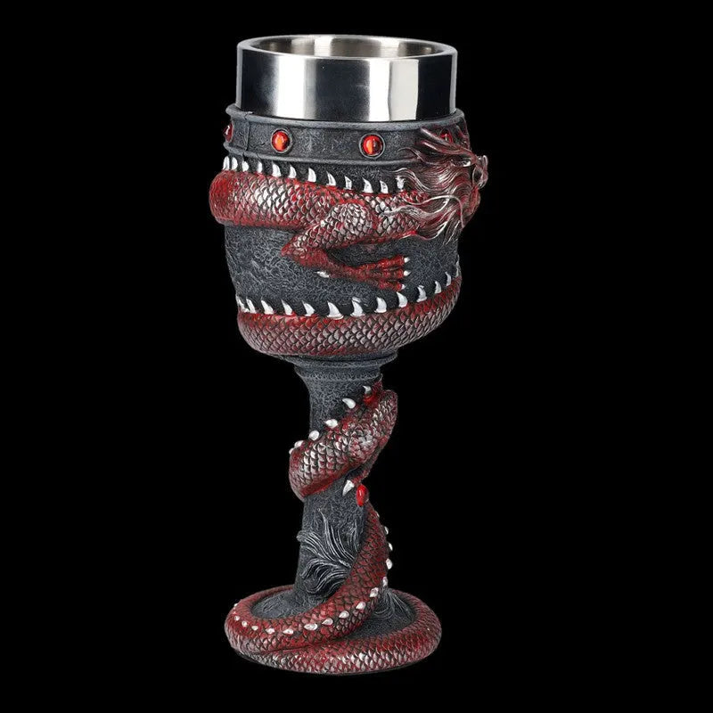Red wine glass with 3D Chinese dragon design and stainless steel stem in gold finish.