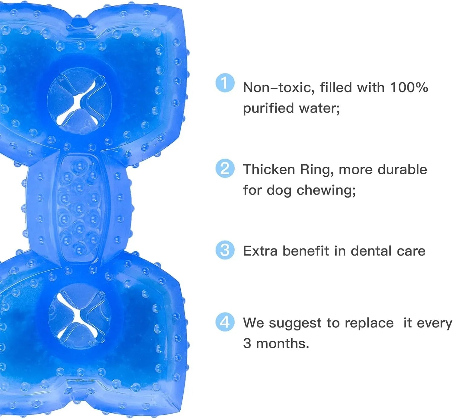Freezable blue dog chew toy with textured surface for cooling and dental care.