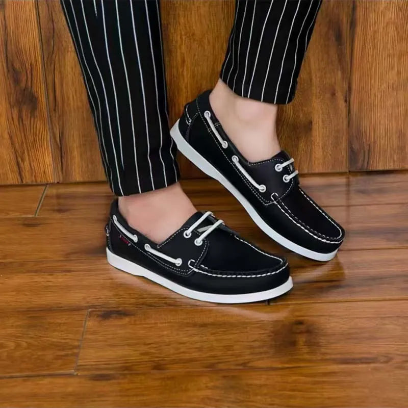 Men's British style casual shoes in artificial PU with round toe and flat heel, shown in solid colour options.