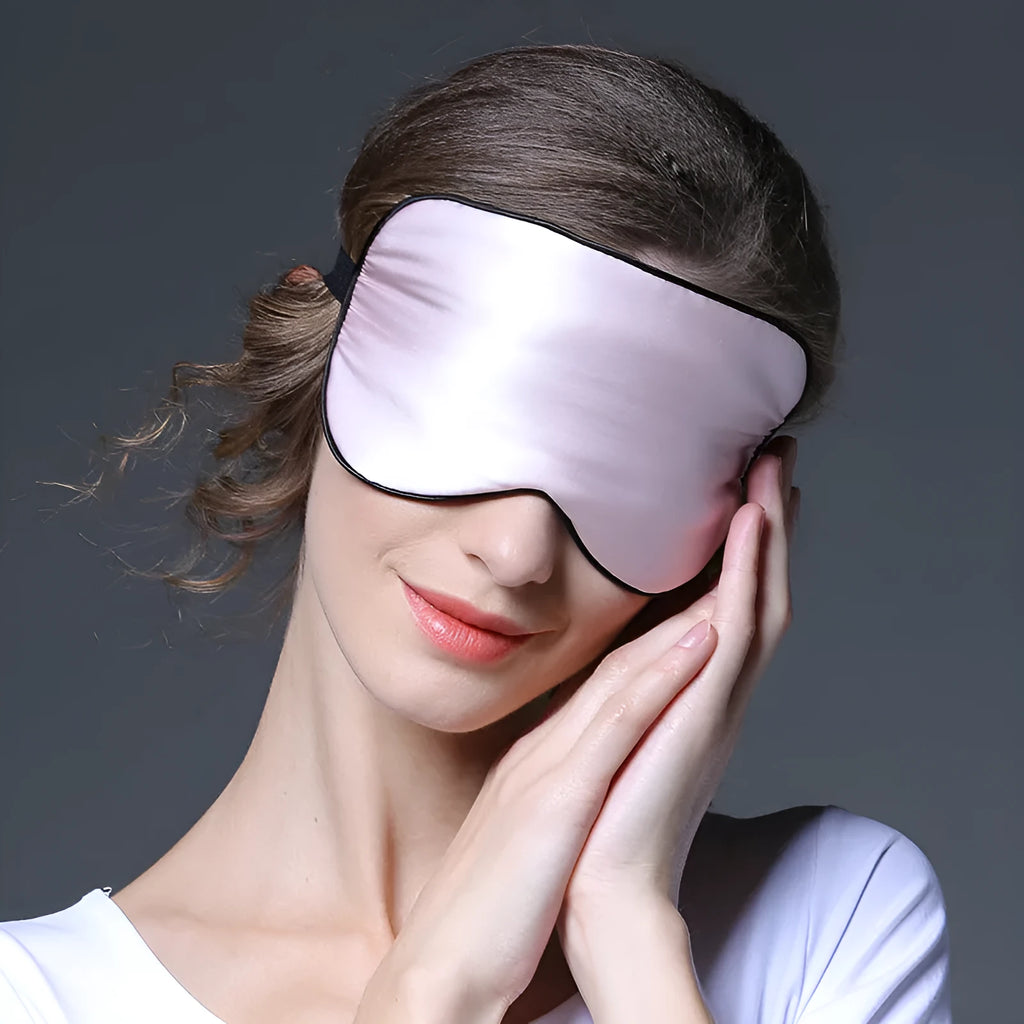 Double-sided mulberry silk eye mask in a choice of 22 colours, showing embroidered print and 22x11cm size.