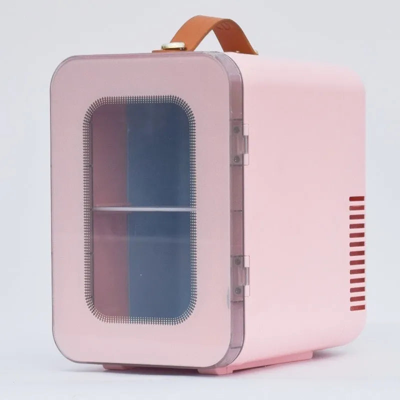 Pink mini refrigerator with transparent door showing 6L capacity for beauty product storage