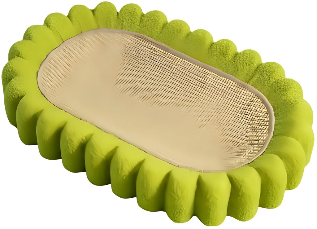 Green oval cat scratch pad bed with sisal scratching surface measuring 650x420mm