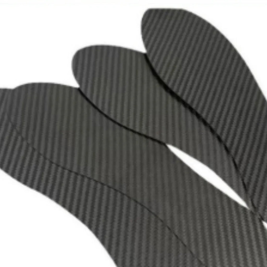 Black 3K carbon fibre running shoe insoles shown in three thickness options: 0.8mm, 1.0mm, and 1.2mm.