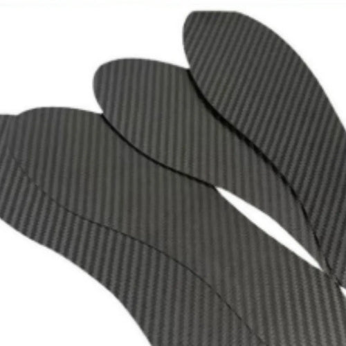 Black 3K carbon fibre running shoe insoles shown in three thickness options: 0.8mm, 1.0mm, and 1.2mm.
