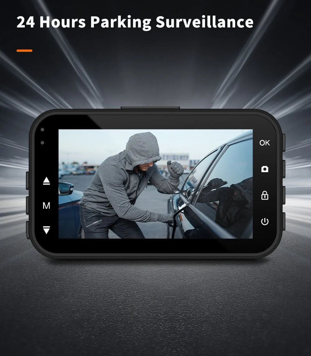 ThiEYE front and rear car dash camera with 3-inch screen, suction cup mount, and rear camera.