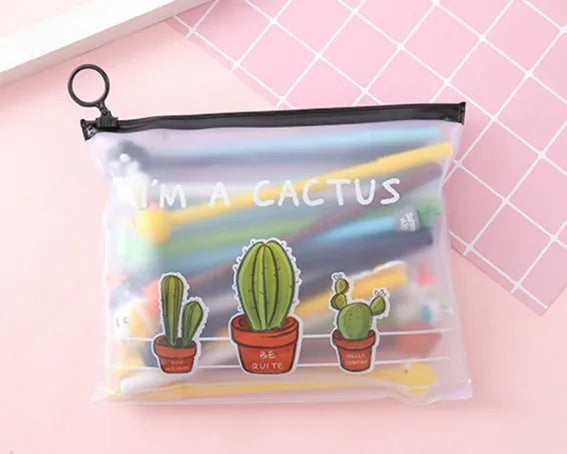 Cactus-themed pen set with 20 black 0.5mm gel pens and a matching zippered plastic case.