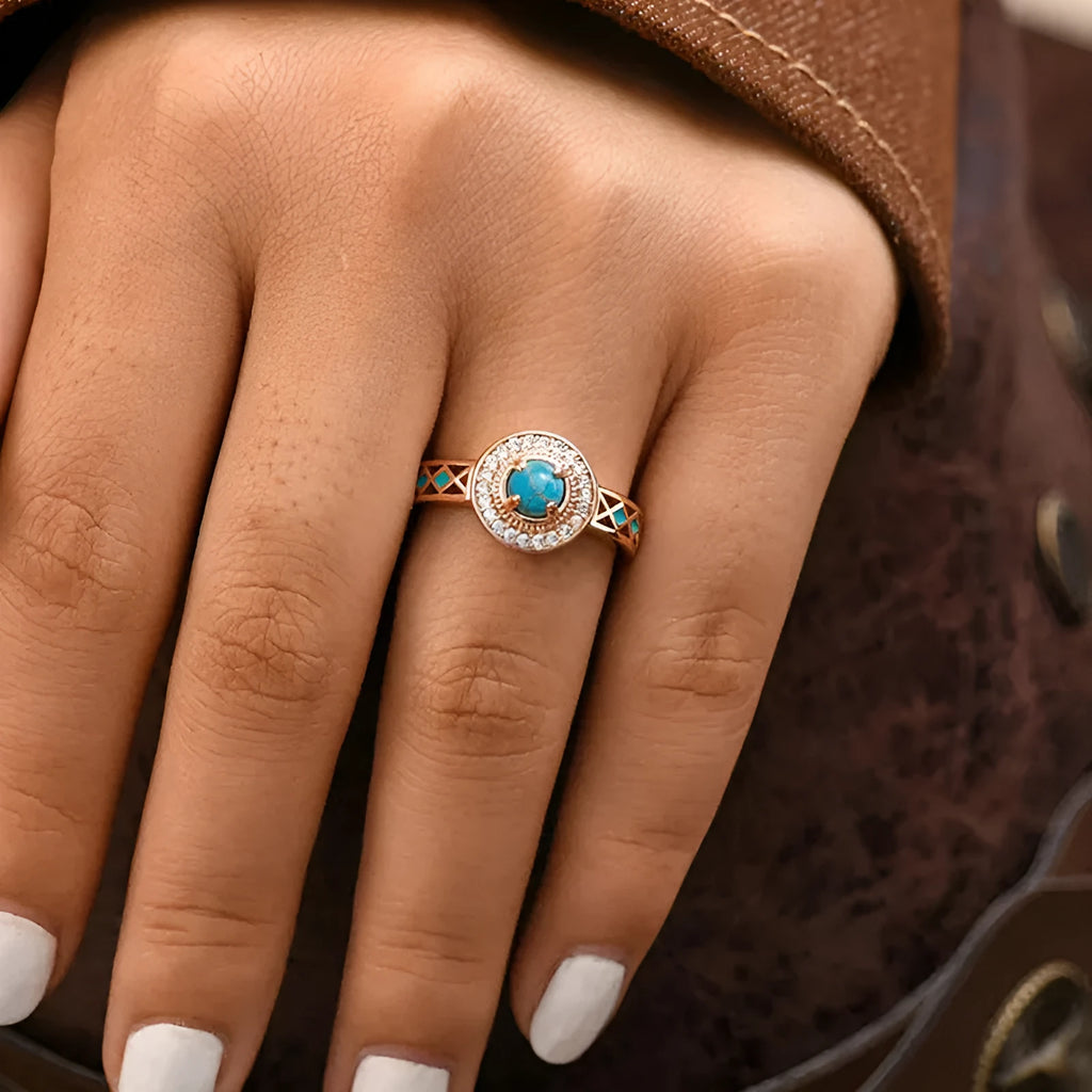 Women's turquoise ethnic style copper ring with geometric quadrangle design and micro inlaid zircon in rose gold colour