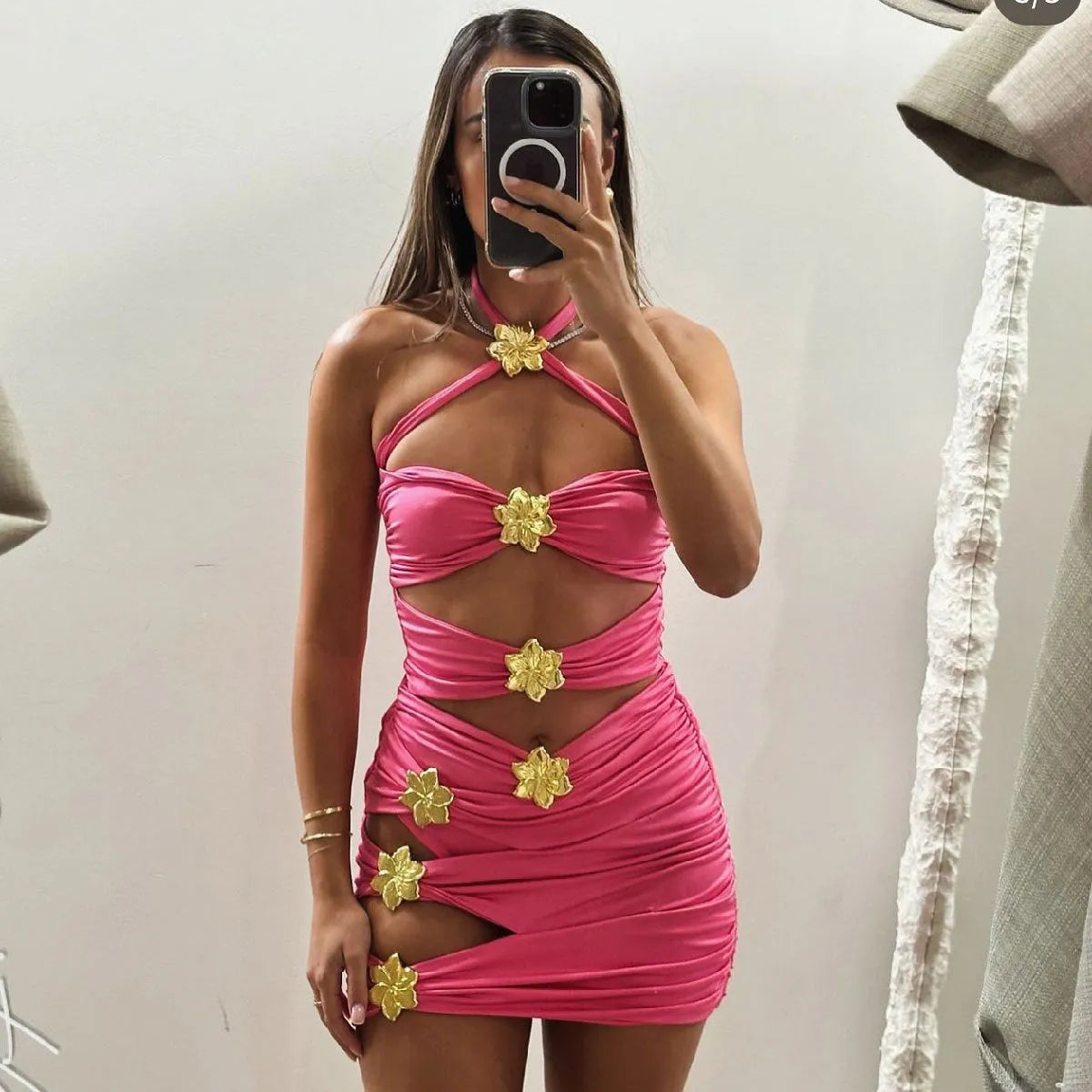 Women's high-waist one-piece swimsuit with attached short skirt in solid colour options