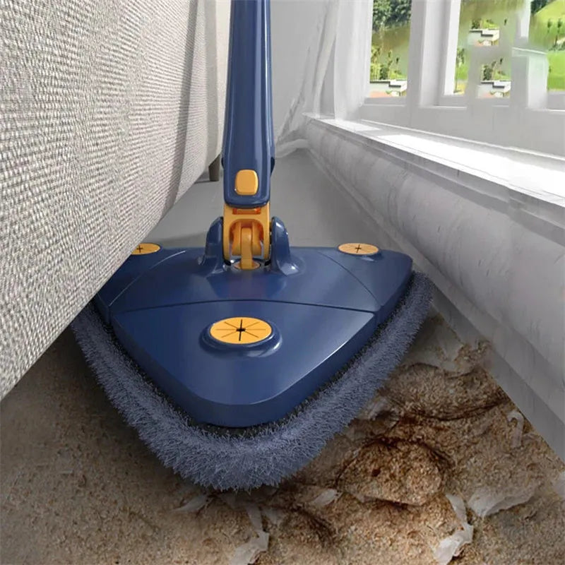 Blue extendable triangle mop with rotating head and adjustable stainless steel pole for corner cleaning