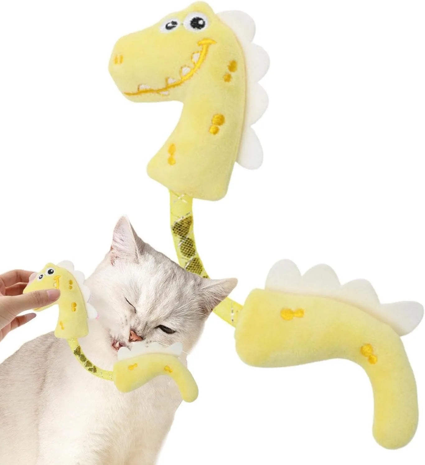 Set of four cat toys including plush fish, bunny, mouse shapes with rope toys and springs