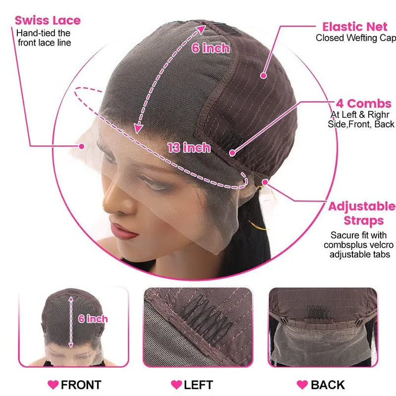 A straight black human hair wig with a 13x6 lace front, shown at a medium length.