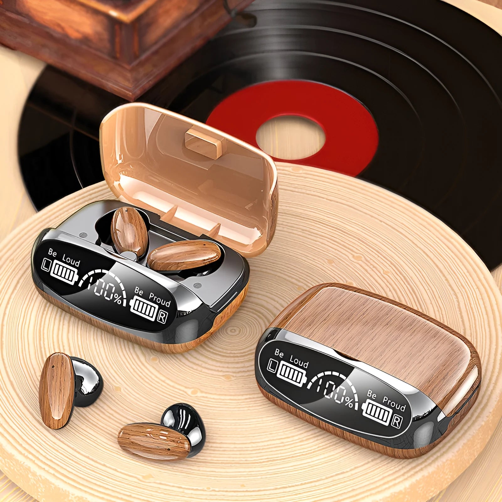 M35 wood grain Bluetooth wireless earbuds with charging cabin and power display