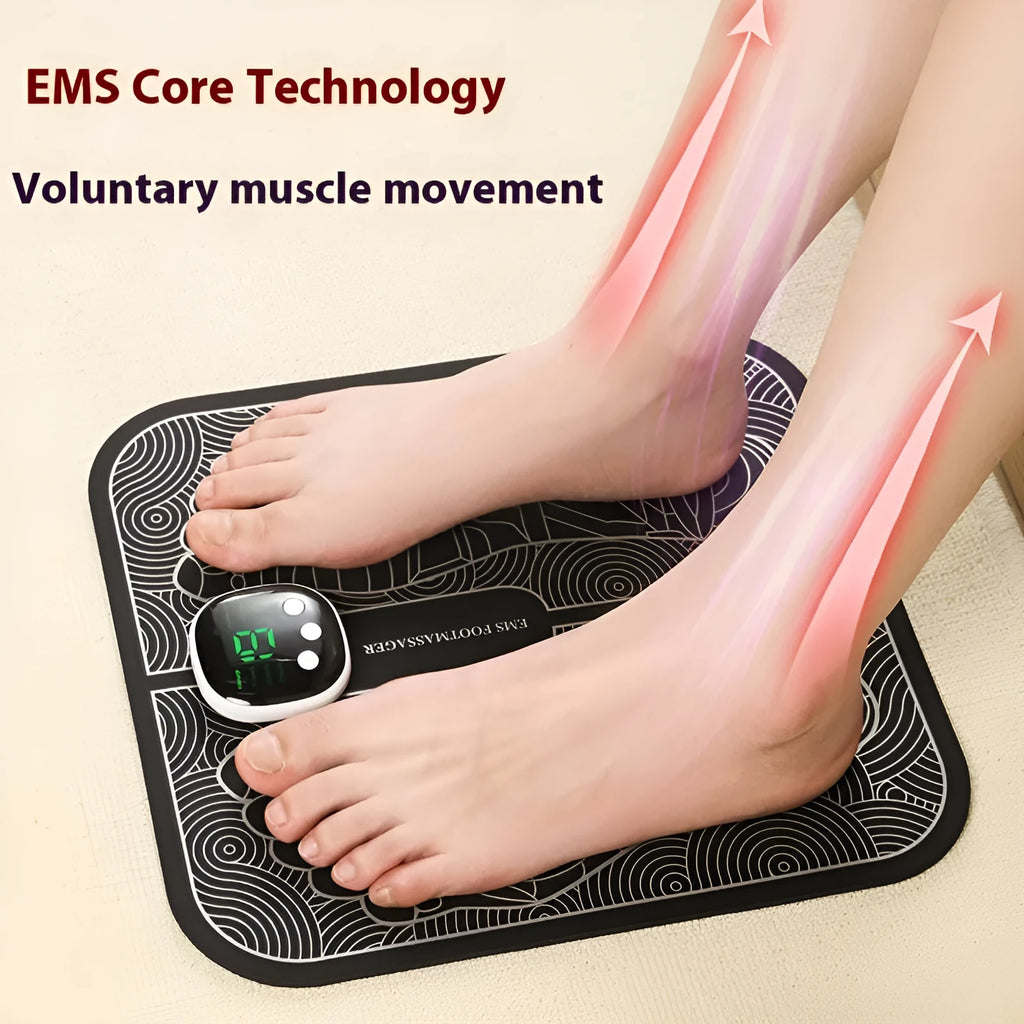 USB rechargeable reflexology foot massager mat with remote control and orange foot pad.