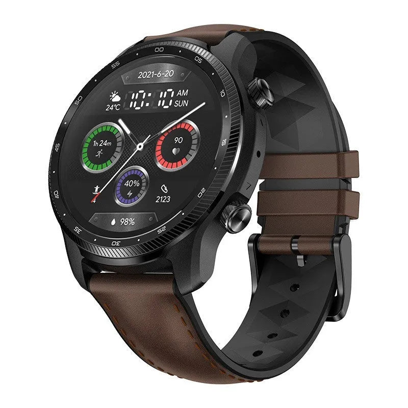 Ticwatch Pro X black smart watch with 47mm case showing 4G LTE calling and heart rate display on screen