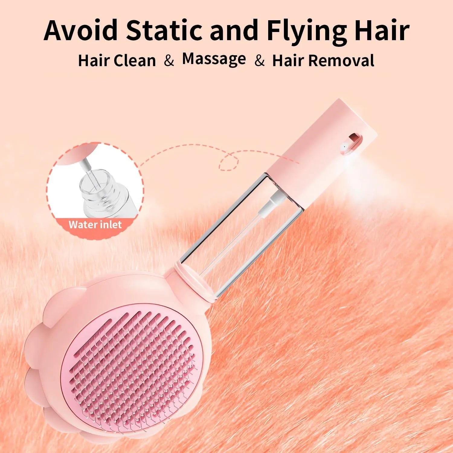 Grey spray cat brush with self-cleaning button and water spray function for pet grooming