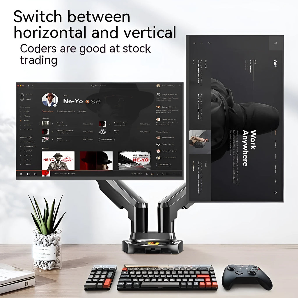 Black dual screen monitor bracket with height adjustment mechanism and VESA mounting compatibility