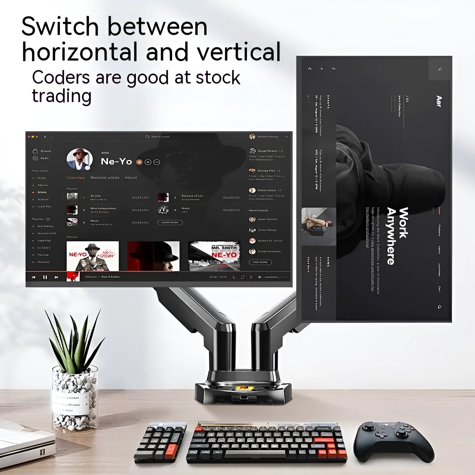 Black dual screen monitor bracket with height adjustment mechanism and VESA mounting compatibility
